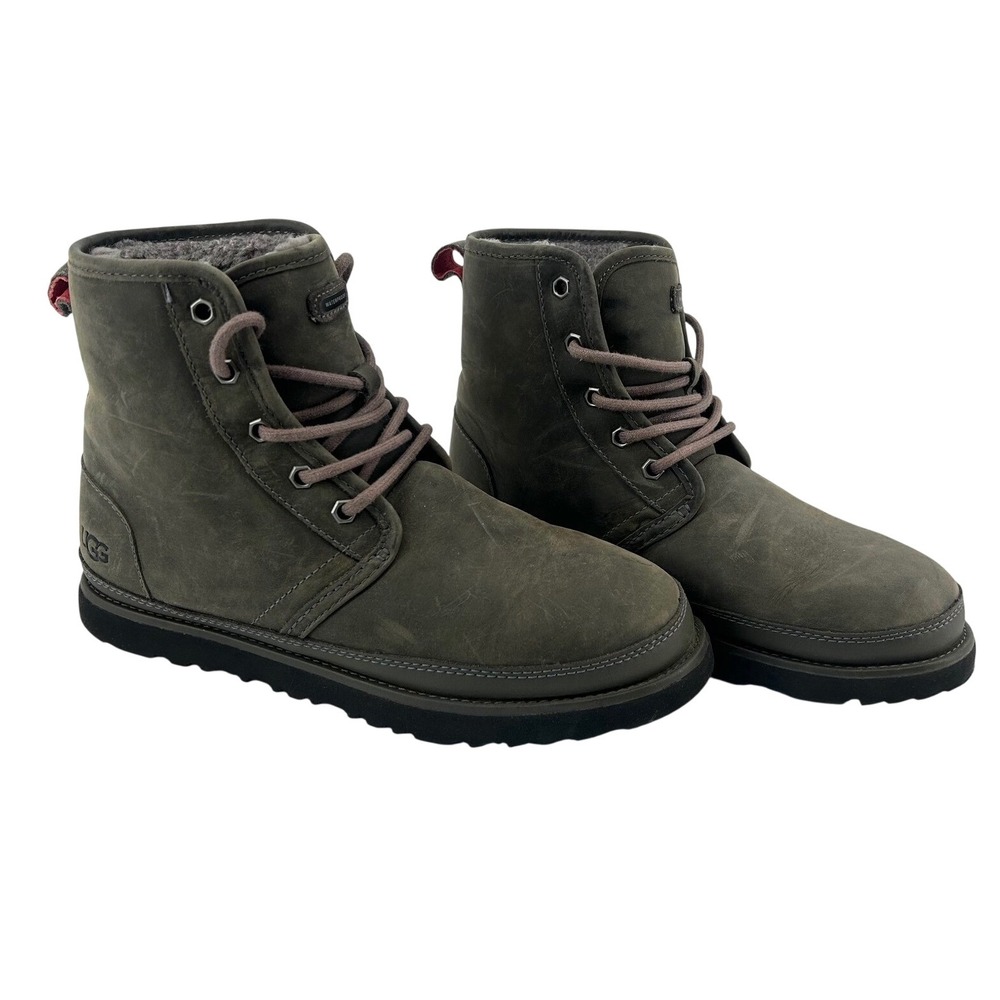 UGG Men's 7 Harkley Waterproof Leather Greenish‎ Gray Lace Up Boots Shearling